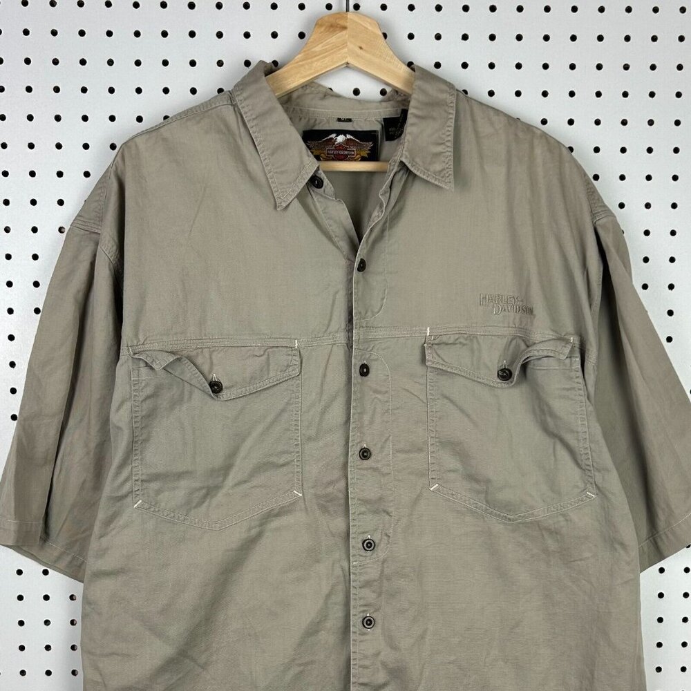 Harley Davidson Motorcycle Biker Sz XL‎ Mechanic Shirt Beige Khaki Work Wear